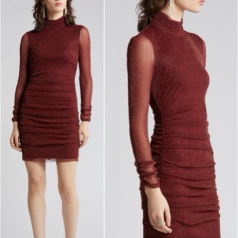 Eliza J Burgundy Metallic Gold Long Sleeve Mini Dress. Size 6. Ruched Bodycon
